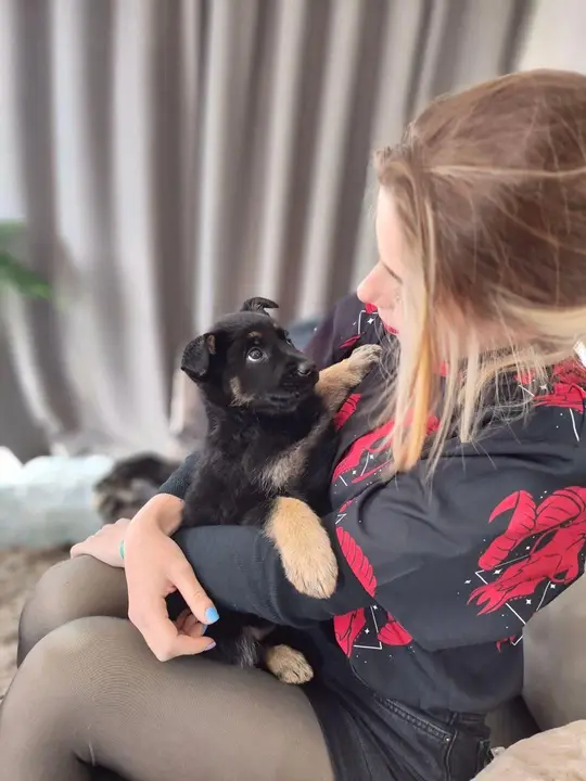 Lela Soler de profil tenant un chiot berger dans ses bras
